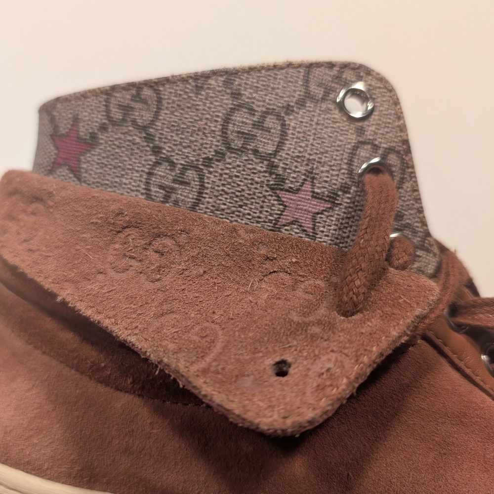 Gucci Logo Leather Suede Lace-Up High-Top Sneakers Mauve Brown Size 6 - Picture 5 of 13